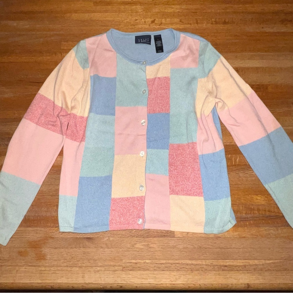 Crazy Horse Liz Claiborne Women Med Colorblock Patchwork Button Front Cardigan